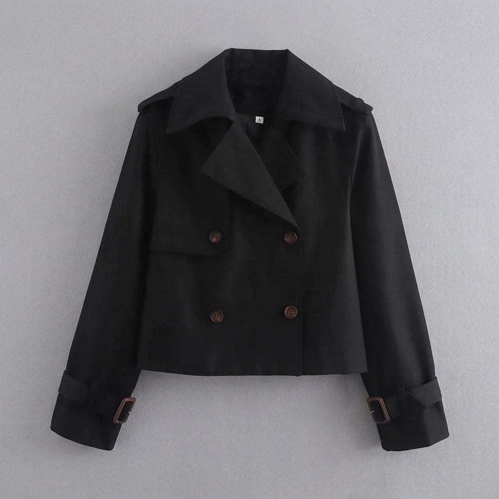 Chiavari Cropped Trench — Black, flat lay front on grey seamless