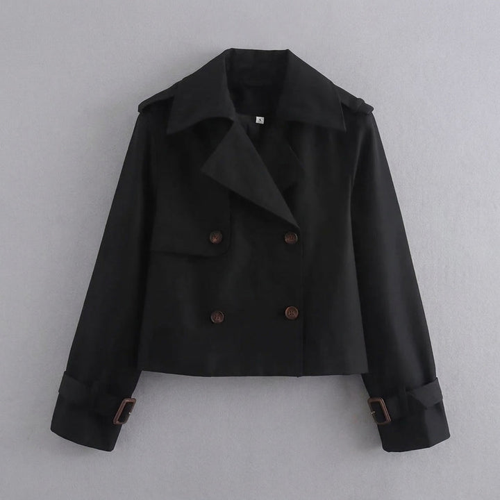 Chiavari Cropped Trench — Black, flat lay front on grey seamless