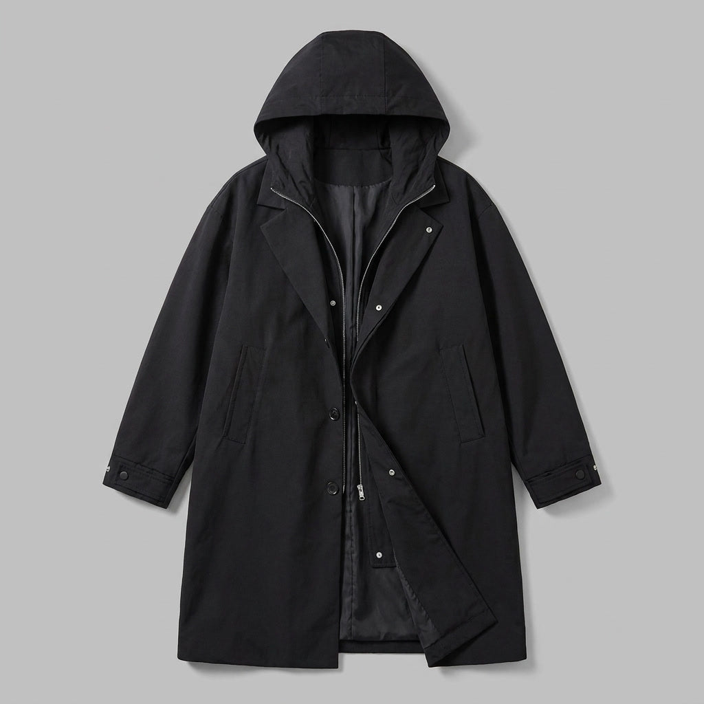 Kensington Overcoat — Black, flat lay front on grey seamless