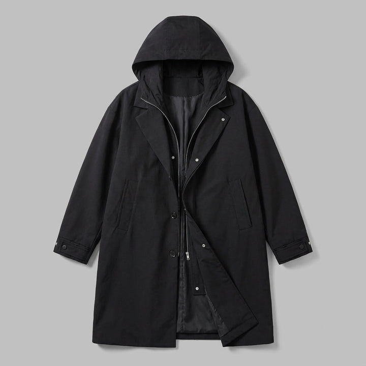 Kensington Overcoat — Black, flat lay front on grey seamless