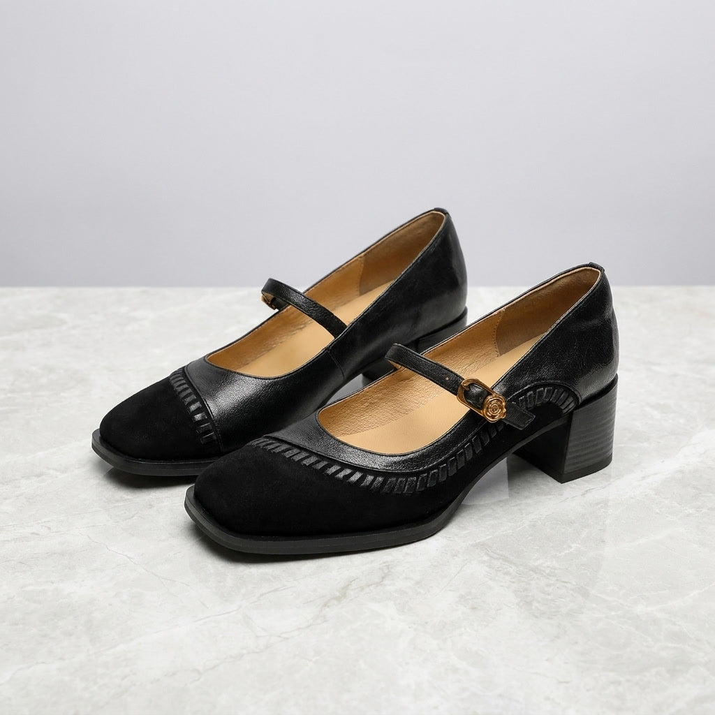 Pescara Buckle Mary Janes — Black, pair on marble