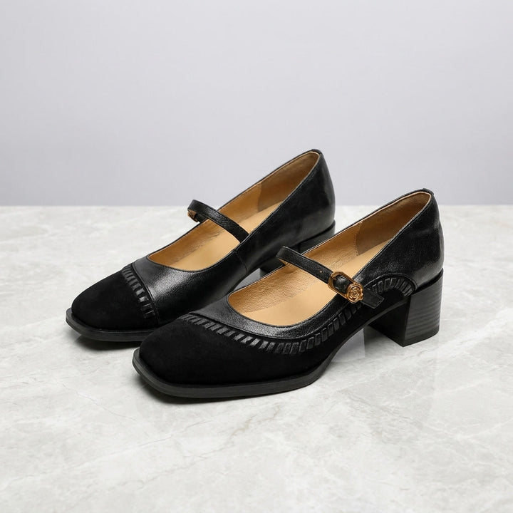 Pescara Buckle Mary Janes — Black, pair on marble