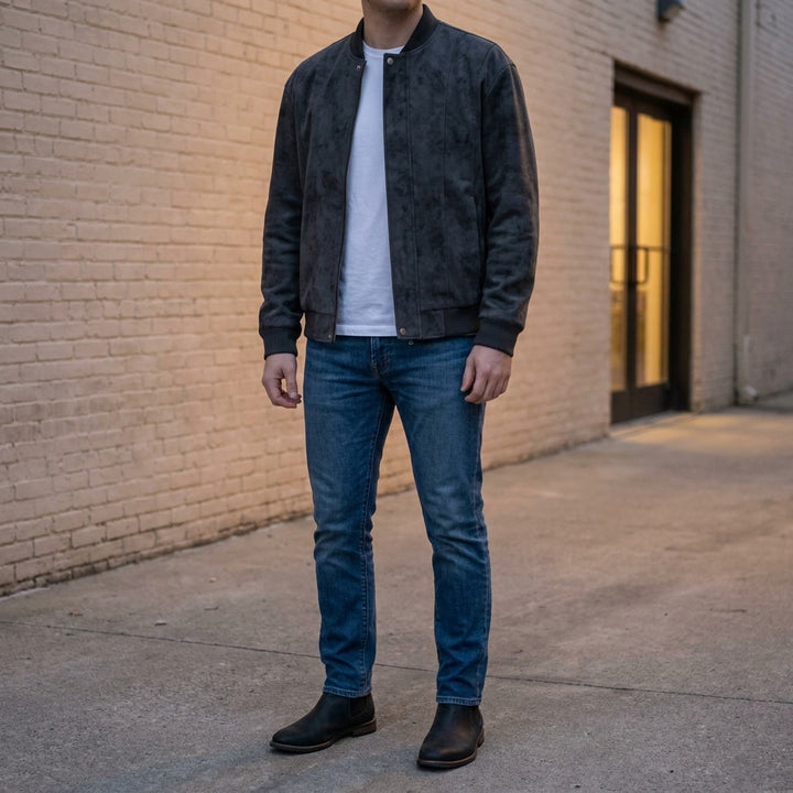 Union Bomber Jacket — Black, lifestyle close crop on model