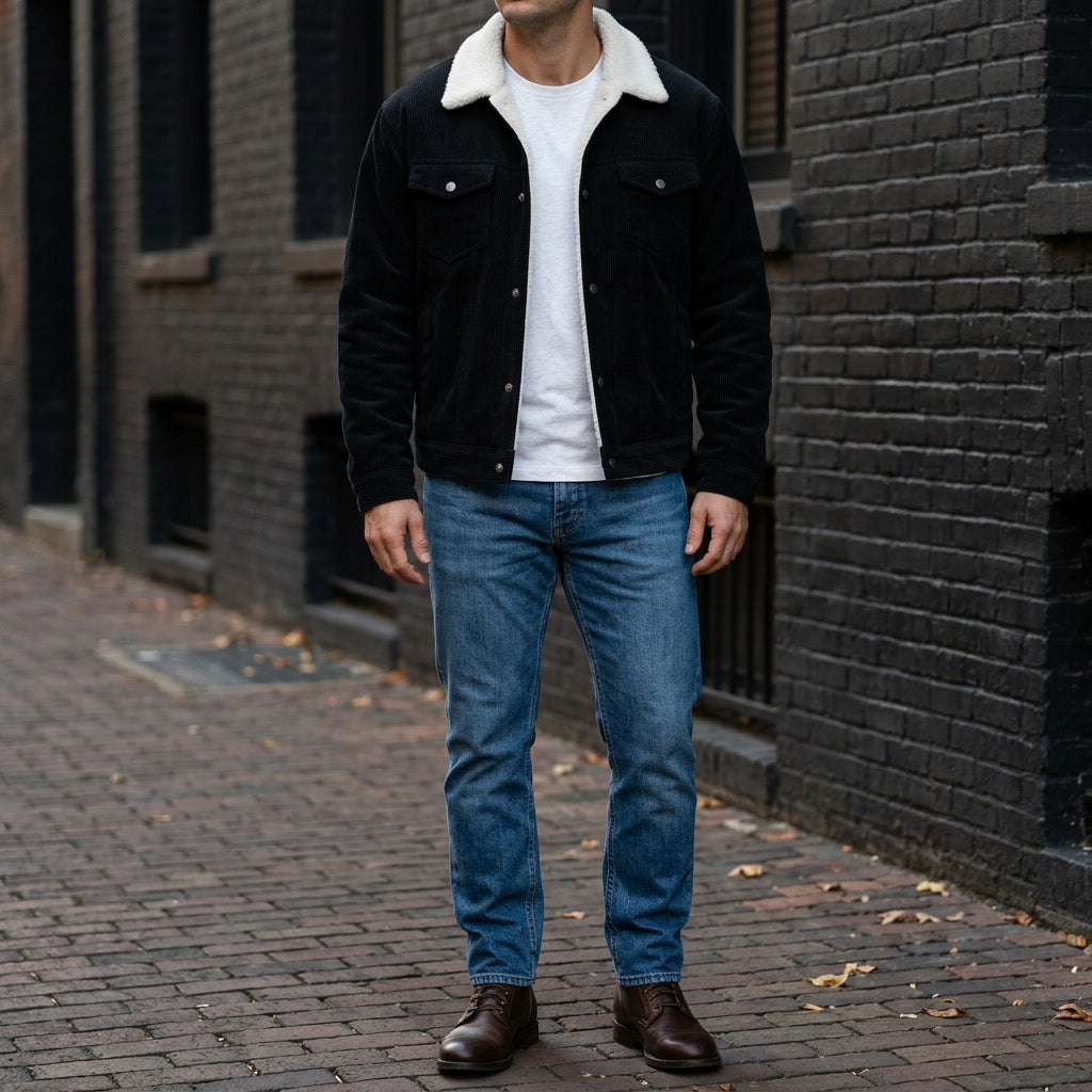 Hudson Corduroy Jacket — Black, lifestyle close crop on model