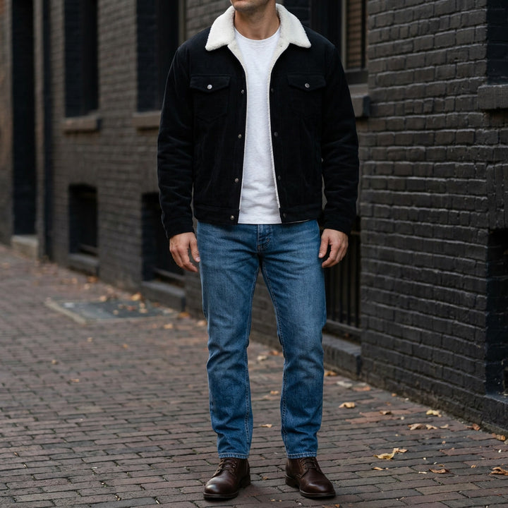 Hudson Corduroy Jacket — Black, lifestyle close crop on model