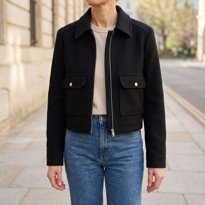 Padova Cropped Jacket — Black, lifestyle close crop on model