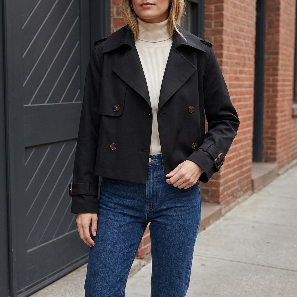 Chiavari Cropped Trench — Black, lifestyle close crop on model