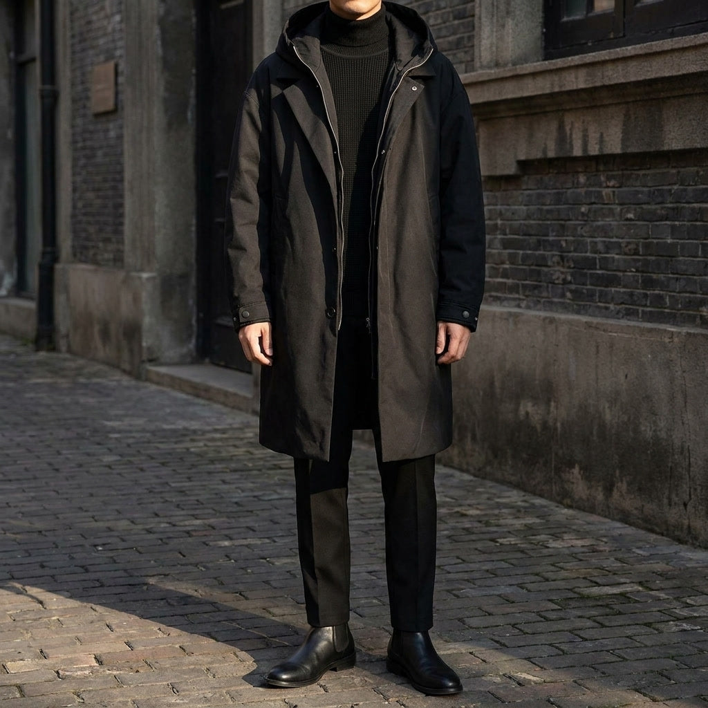 Kensington Overcoat — Black, lifestyle close crop on model