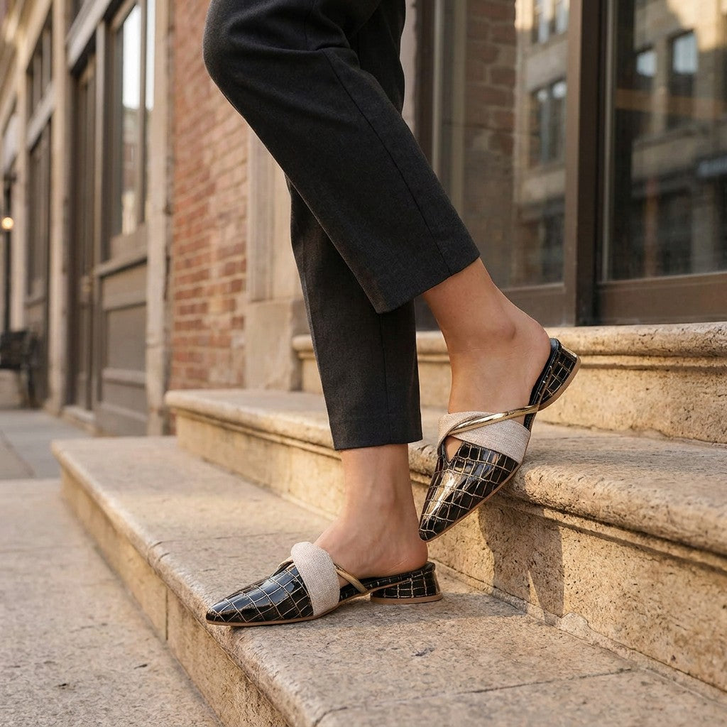 Orvieto Croc-Embossed Mules — Black, on model at restaurant steps