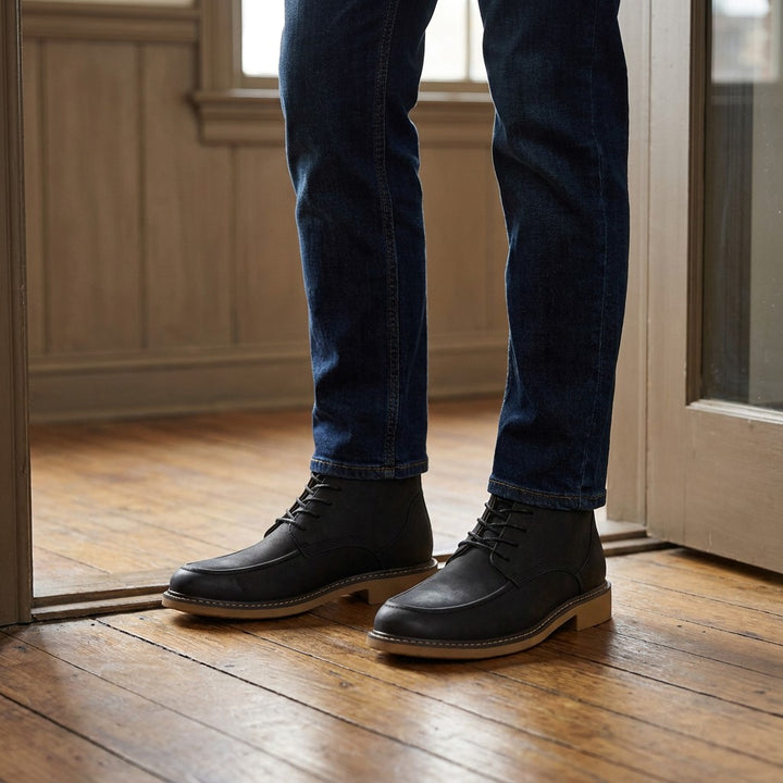 Trento Leather Boots — Black, on model at office threshold