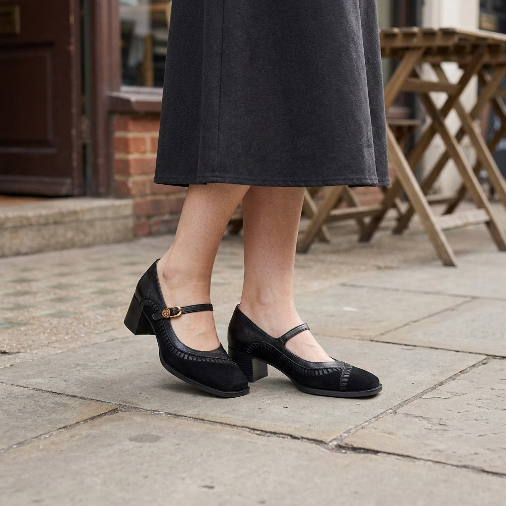 Pescara Buckle Mary Janes — Black, on model city cafe sidewalk