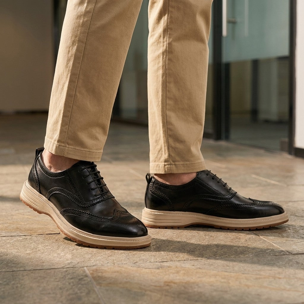 Trieste Brogue Sneakers — Black, on model lifestyle