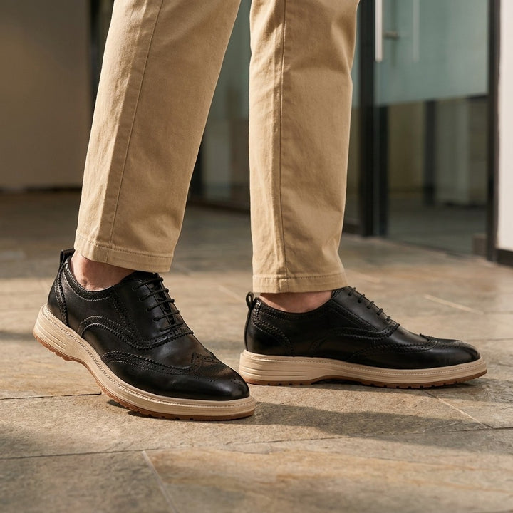 Trieste Brogue Sneakers — Black, on model lifestyle
