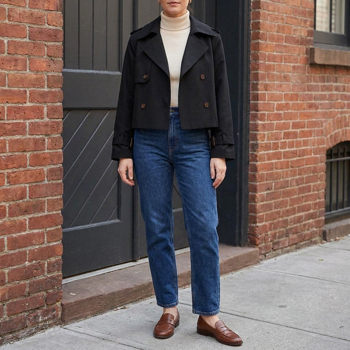 Chiavari Cropped Trench — Black, lifestyle full outfit
