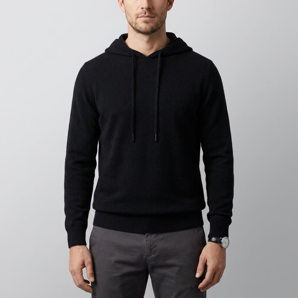 Nomad Merino Wool Hoodie — Black, front on millennial model