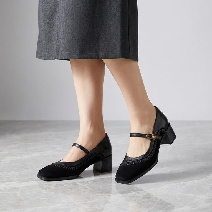 Pescara Buckle Mary Janes — Black, on model knee-down studio