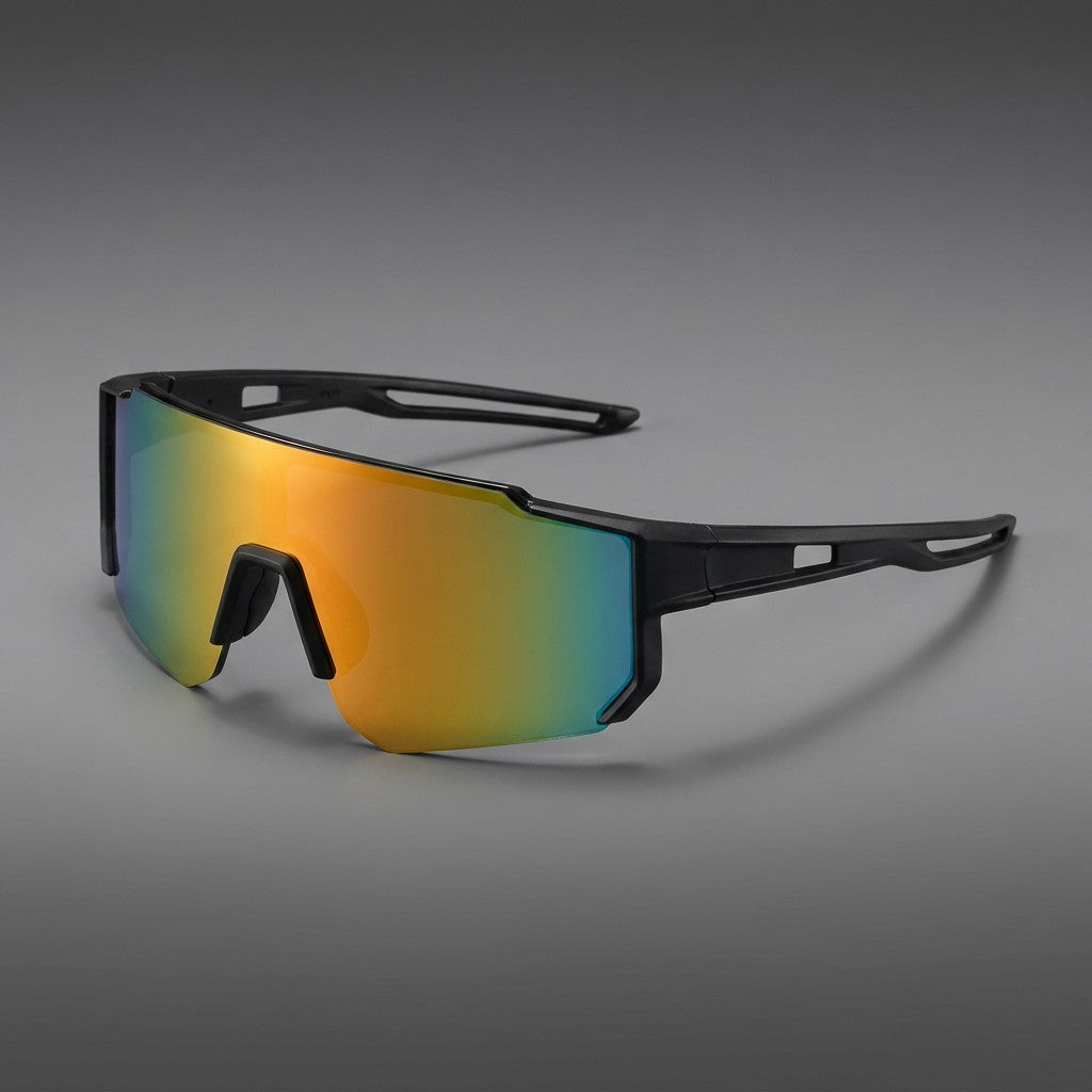 Scilla Shield Sunglasses — Black / Fire Mirror, three-quarter front view on a grey studio gradient