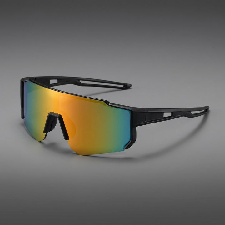 Scilla Shield Sunglasses — Black / Fire Mirror, three-quarter front view on a grey studio gradient