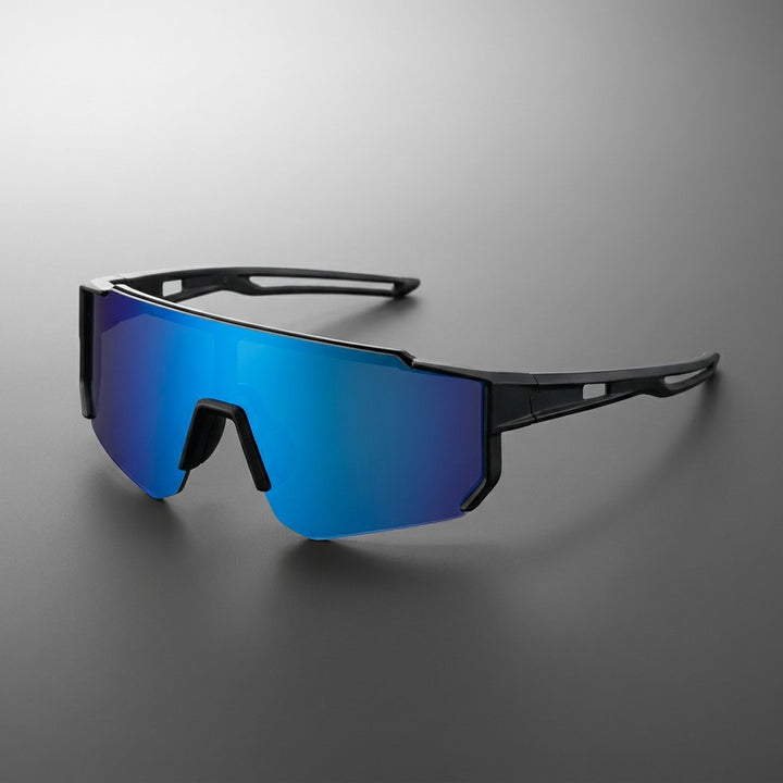 Scilla Shield Sunglasses — Black / Ice Blue Mirror, three-quarter front view on a grey studio gradient