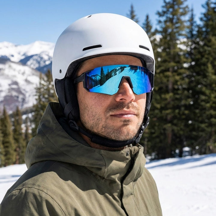 Scilla Shield Sunglasses — Black / Ice Blue Mirror, worn by a man in a helmet snowboarding a sunny spring slope in Vail