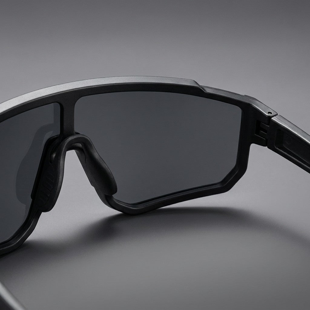 Scilla Shield Sunglasses — Black / Smoke, close-up of the nose bridge and lens corner