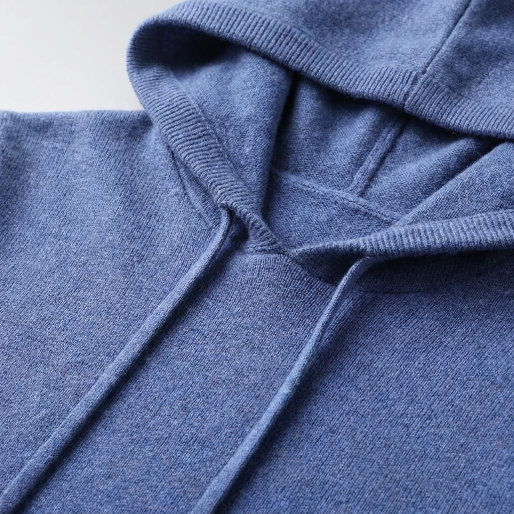 Nomad Merino Wool Hoodie — Blue, hood-opening construction crop