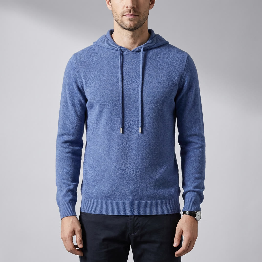 Nomad Merino Wool Hoodie — Blue, front on millennial model