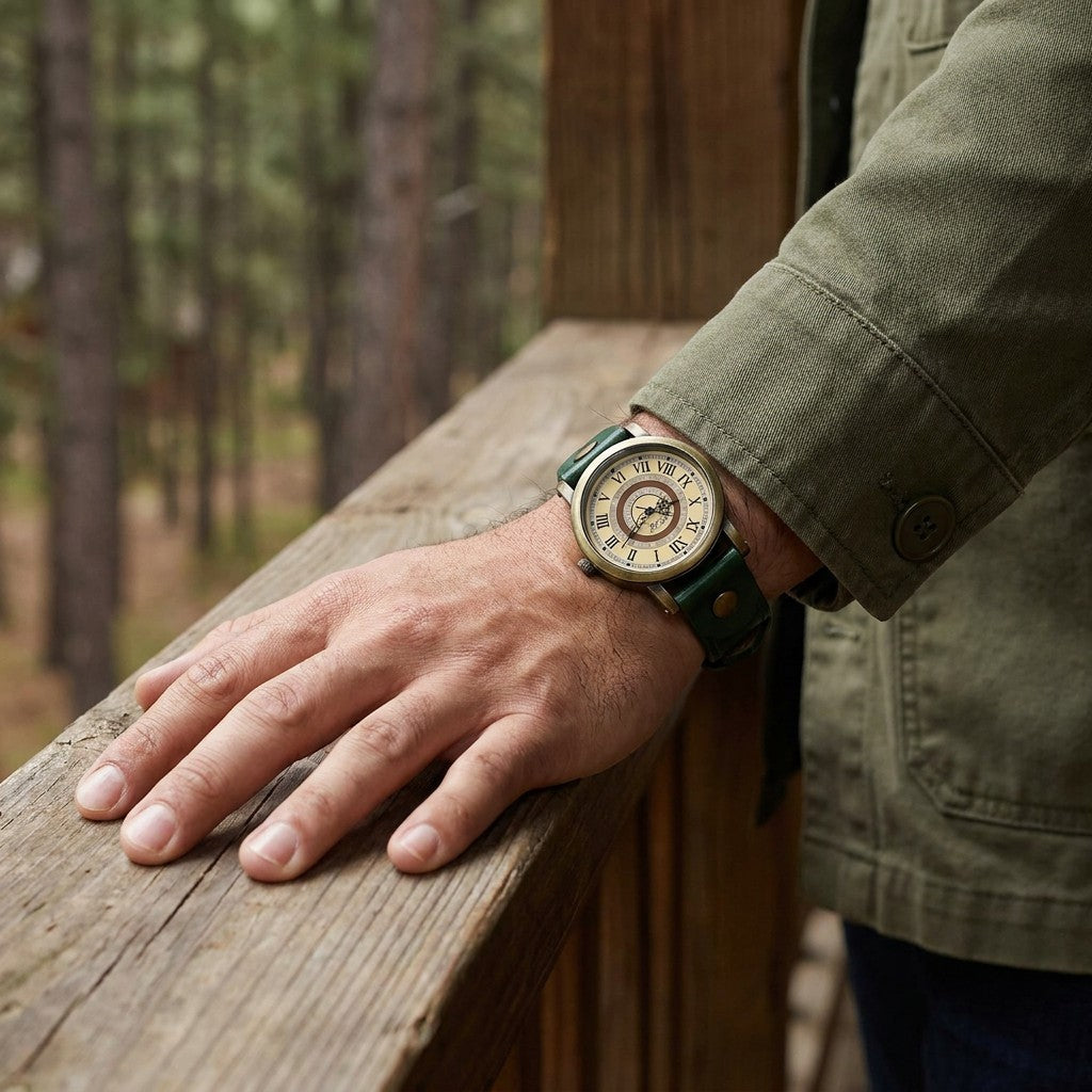 Sabaudia Vintage Watch — Bronze / Green Leather, worn on a man&