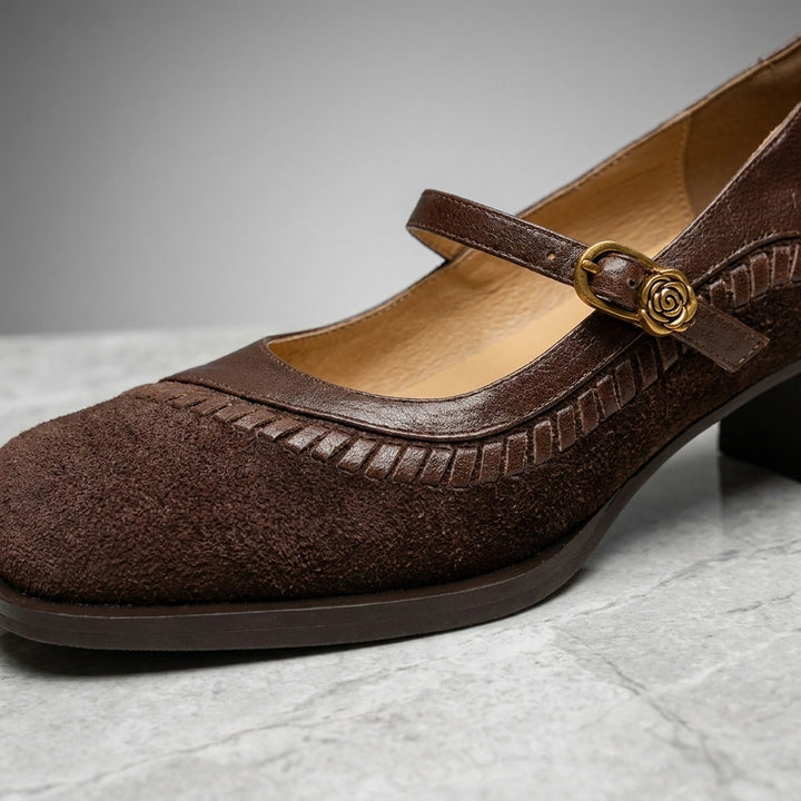 Pescara Buckle Mary Janes — Brown, construction close-up