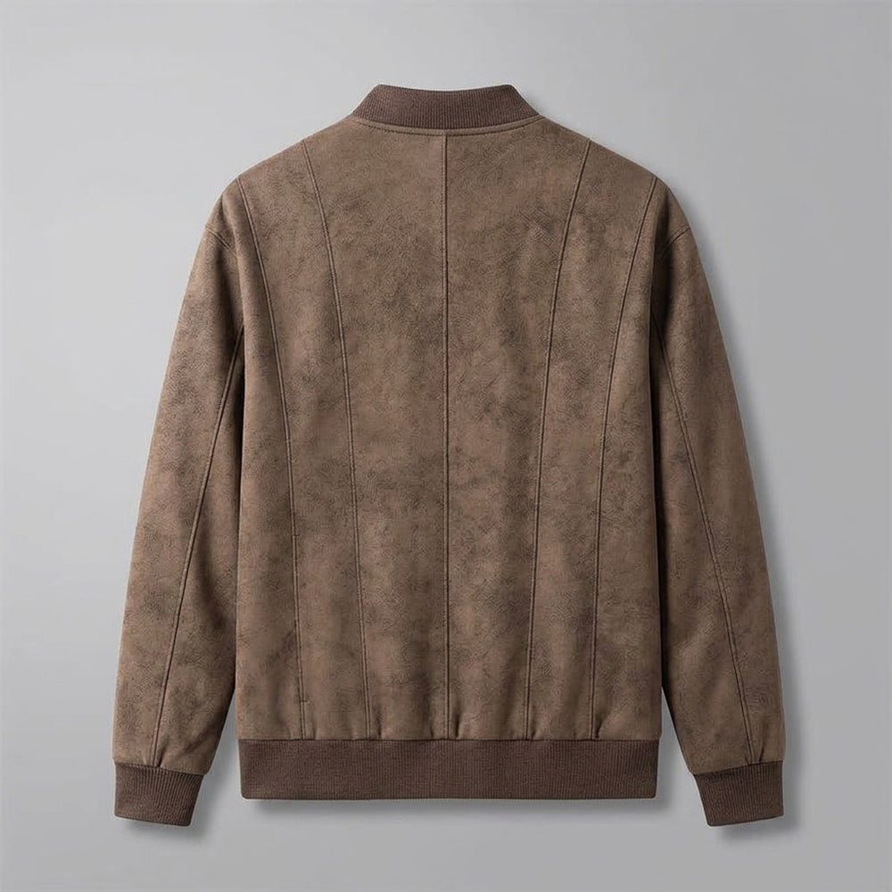 Union Bomber Jacket — Brown, flat lay back on grey seamless