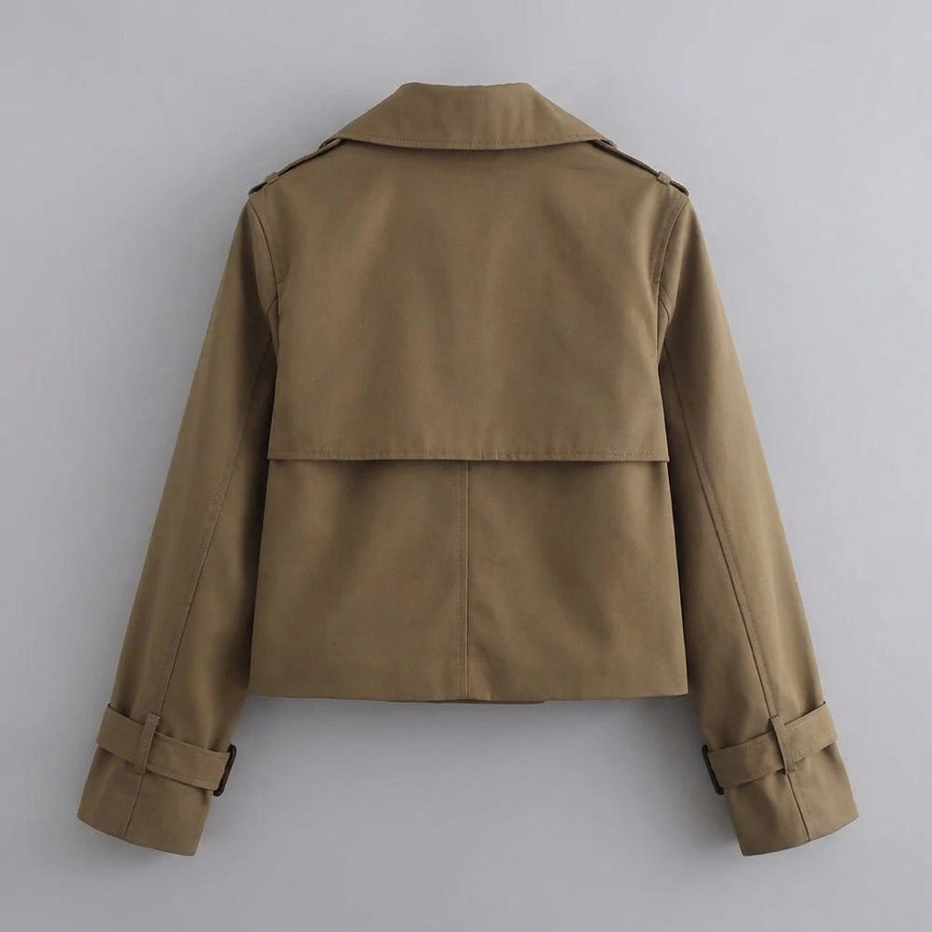 Chiavari Cropped Trench — Brown, flat lay back on grey seamless