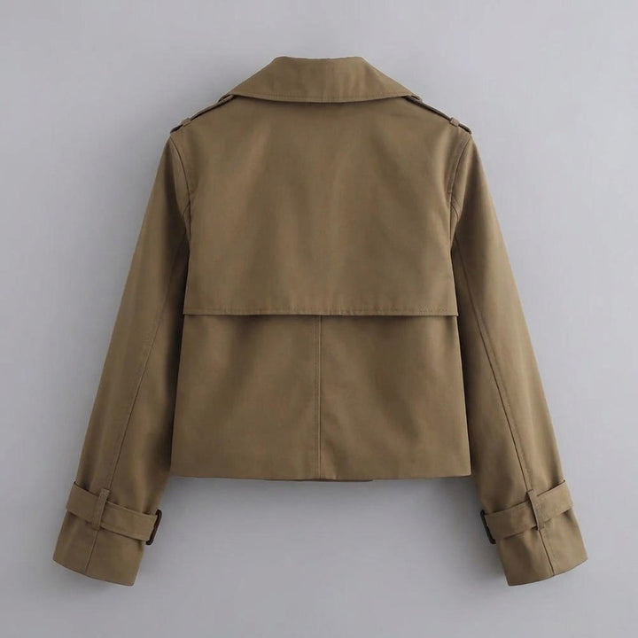 Chiavari Cropped Trench — Brown, flat lay back on grey seamless