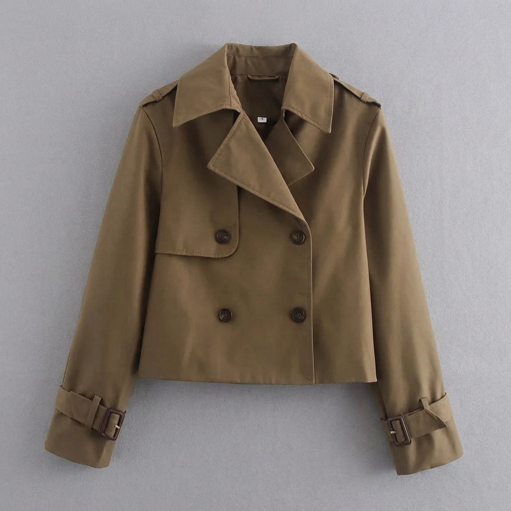 Chiavari Cropped Trench — Brown, flat lay front on grey seamless