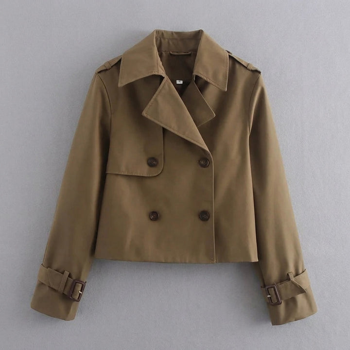 Chiavari Cropped Trench — Brown, flat lay front on grey seamless