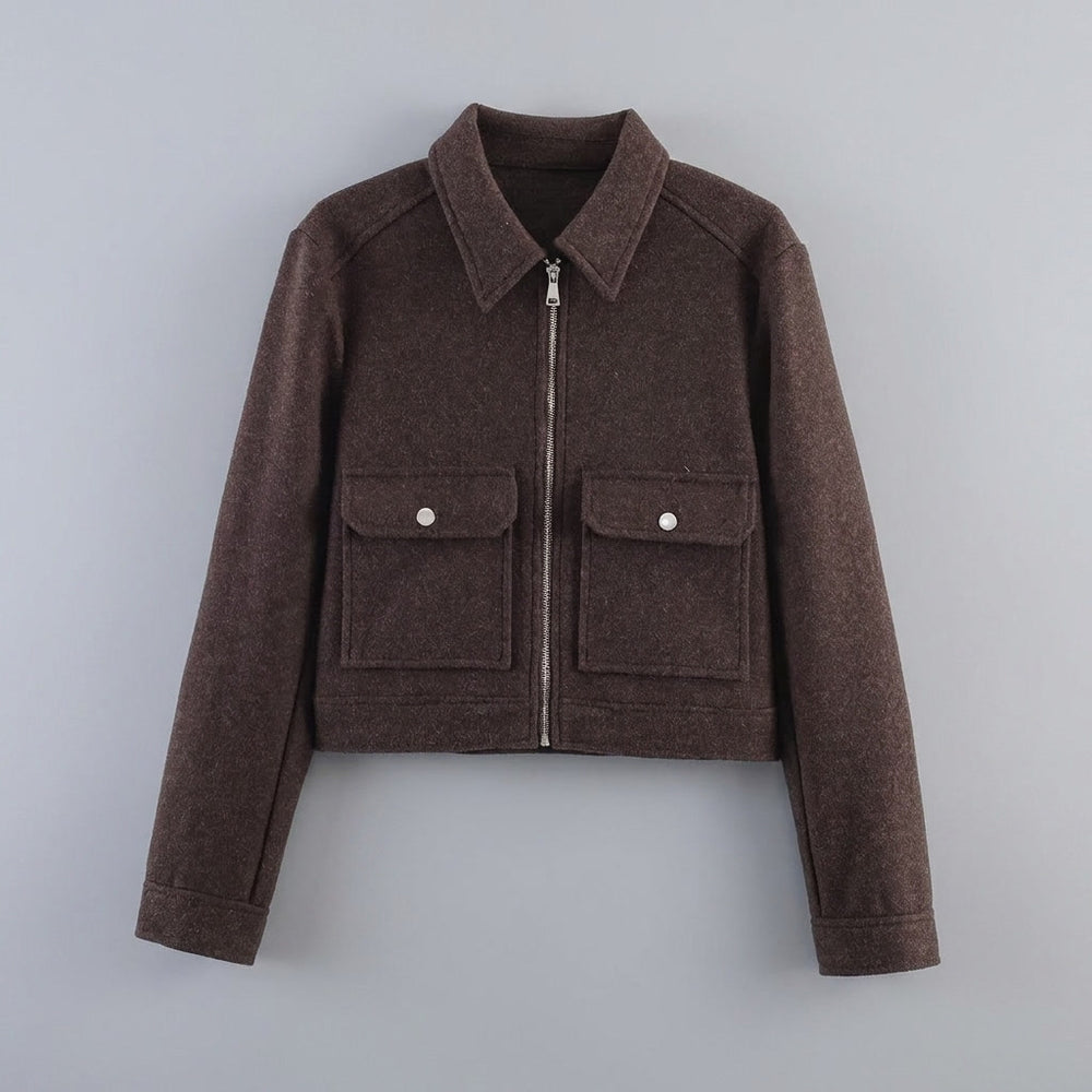 Padova Cropped Jacket — Brown, flat lay front on grey seamless