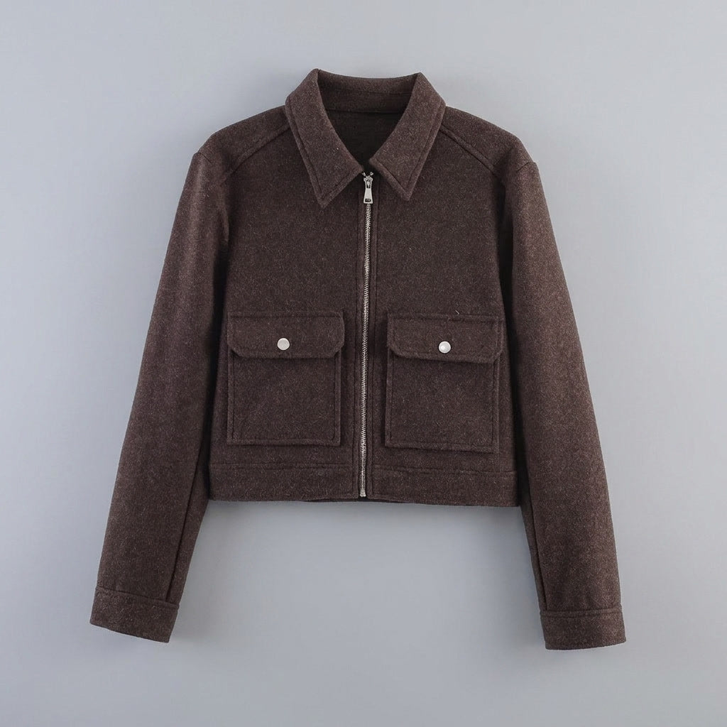 Padova Cropped Jacket — Brown, flat lay front on grey seamless