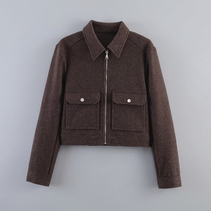 Padova Cropped Jacket — Brown, flat lay front on grey seamless