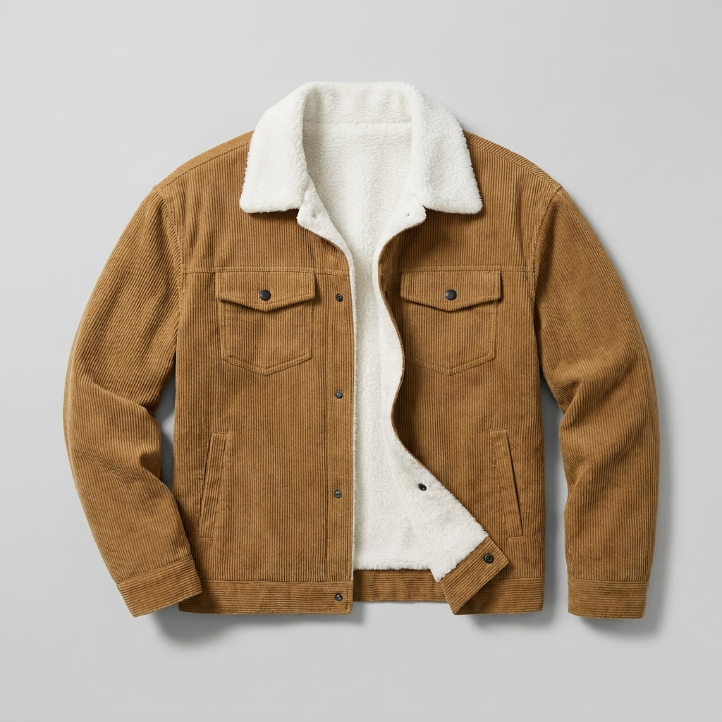 Hudson Corduroy Jacket — Brown, flat lay front on grey seamless