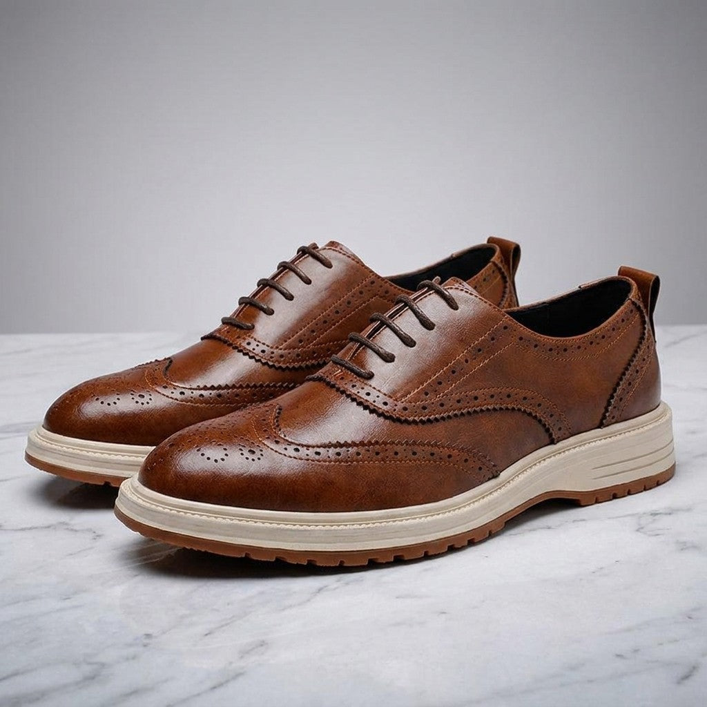 Trieste Brogue Sneakers — Brown, pair on marble