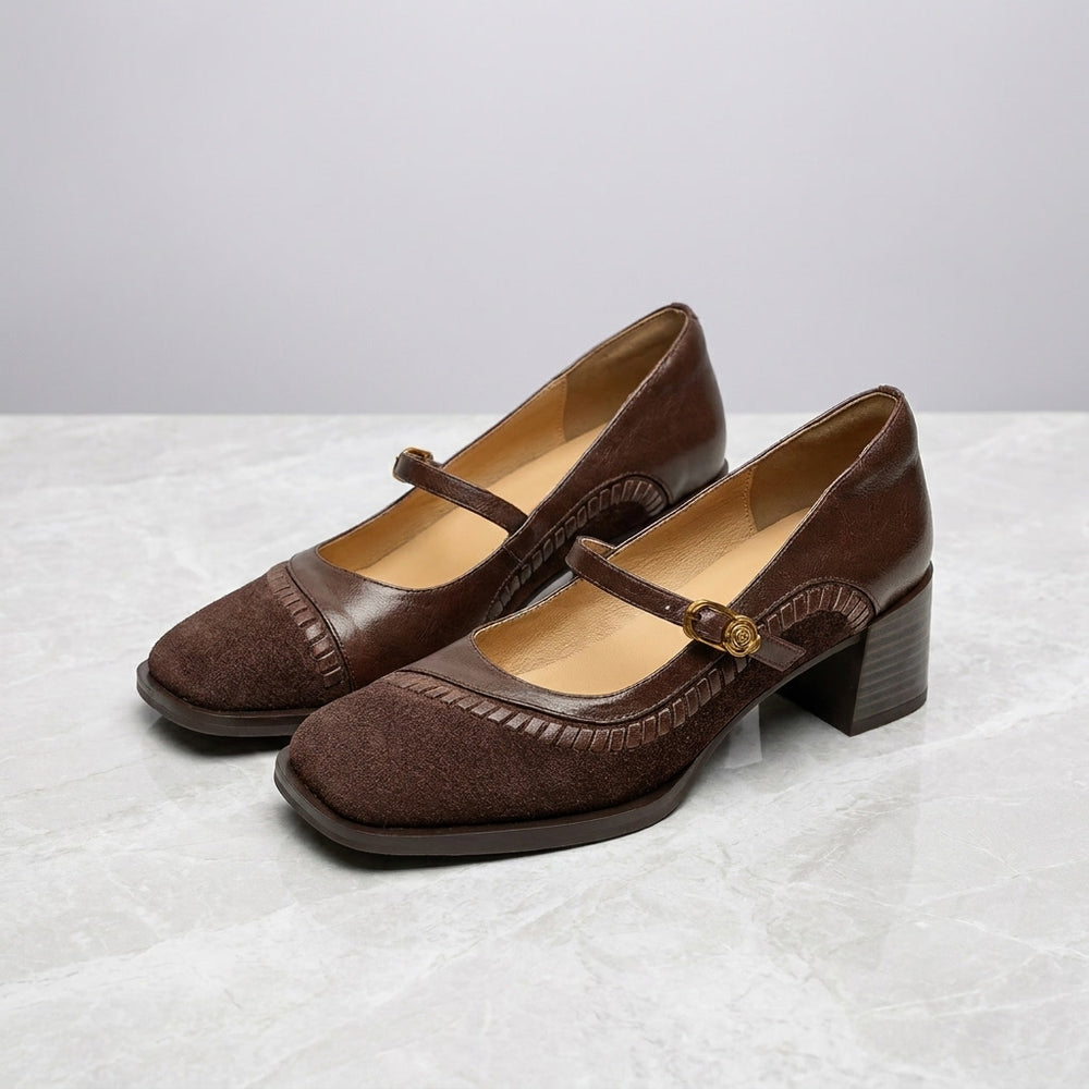 Pescara Buckle Mary Janes — Brown, pair on marble