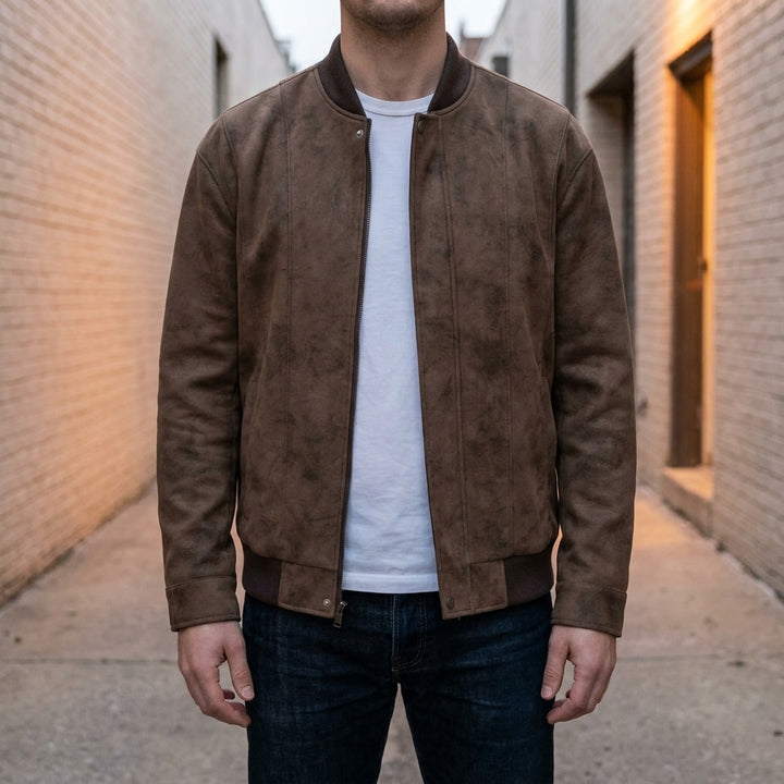 Union Bomber Jacket — Brown, lifestyle close crop on model