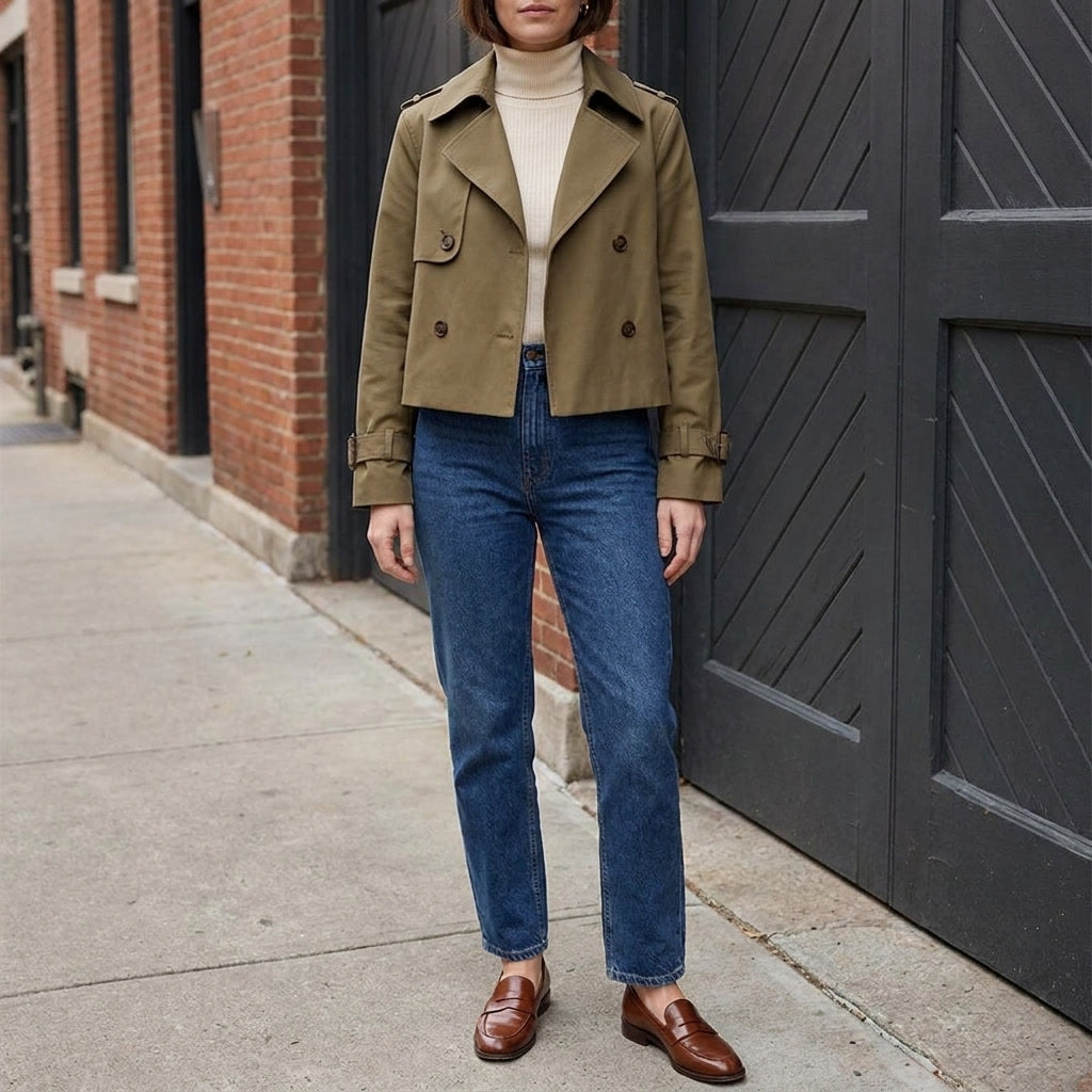 Chiavari Cropped Trench — Brown, lifestyle close crop on model