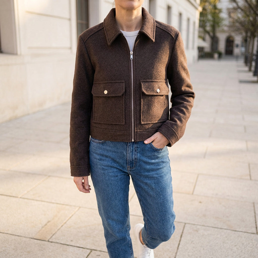 Padova Cropped Jacket — Brown, lifestyle close crop on model