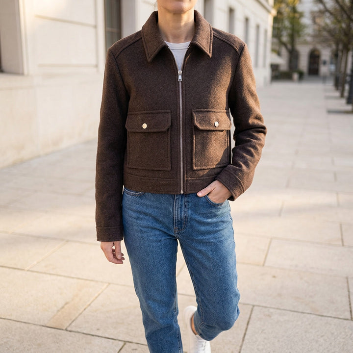 Padova Cropped Jacket — Brown, lifestyle close crop on model