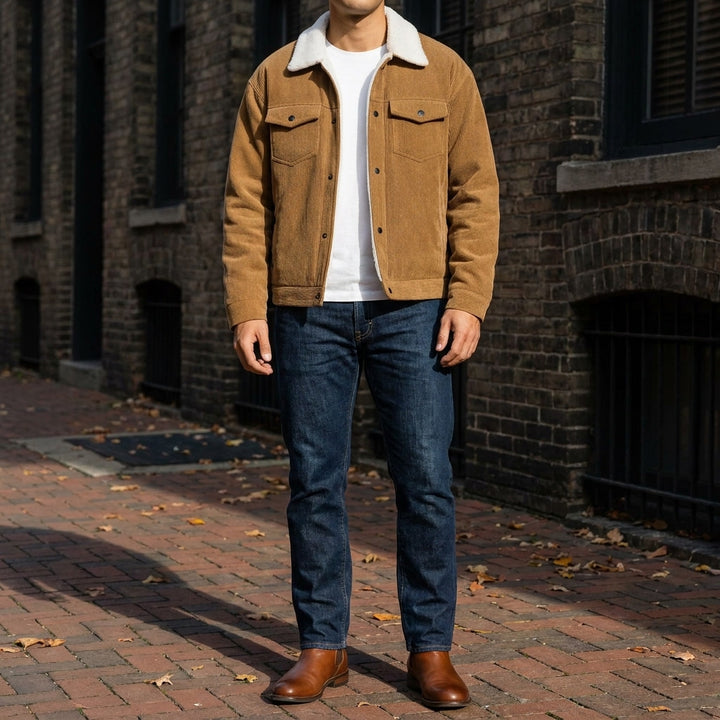 Hudson Corduroy Jacket — Brown, lifestyle close crop on model