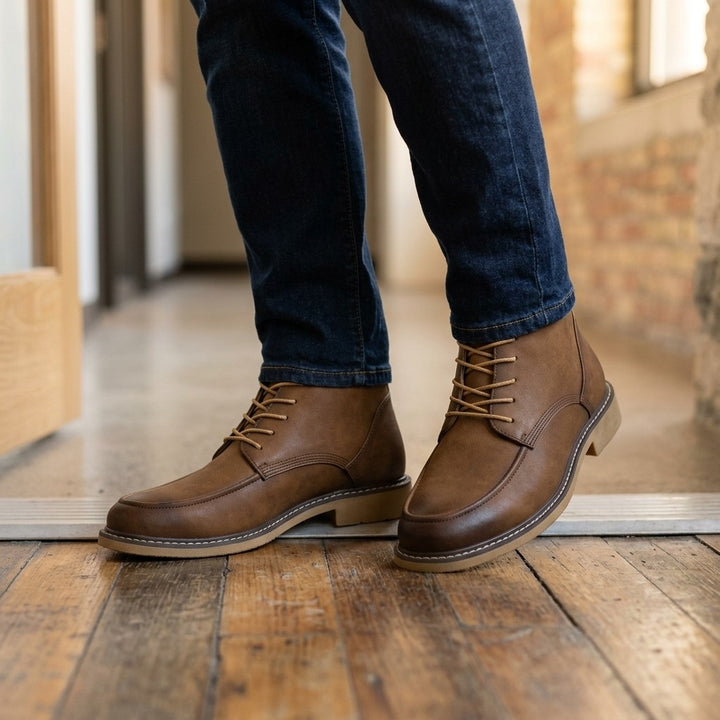 Trento Leather Boots — Brown, on model at office threshold