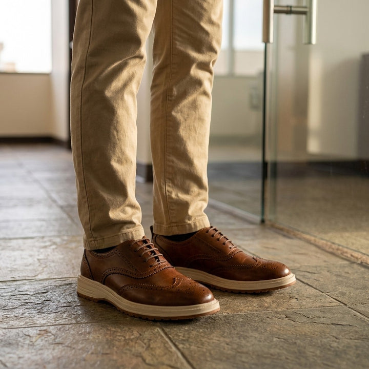 Trieste Brogue Sneakers — Brown, on model lifestyle