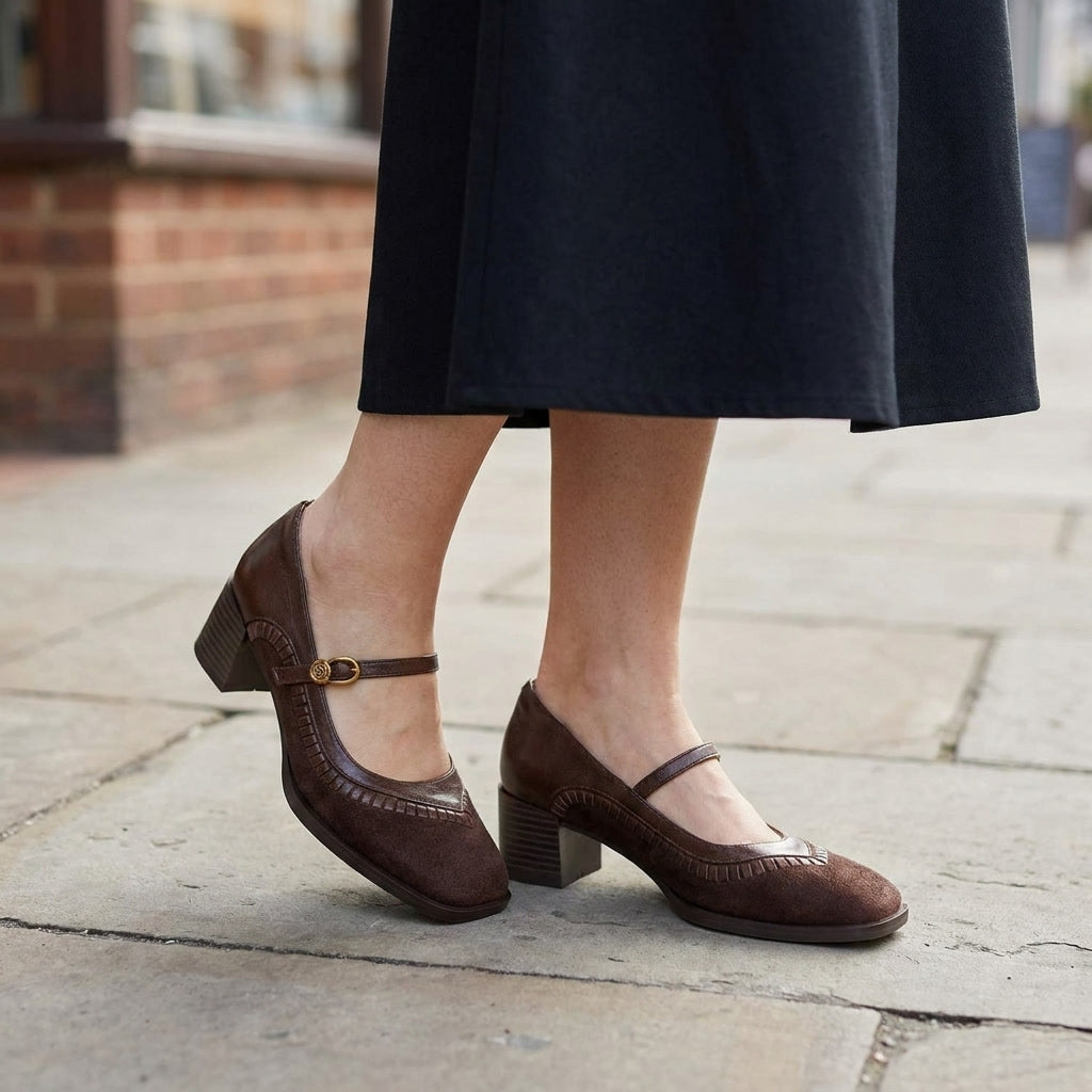 Pescara Buckle Mary Janes — Brown, on model city cafe sidewalk