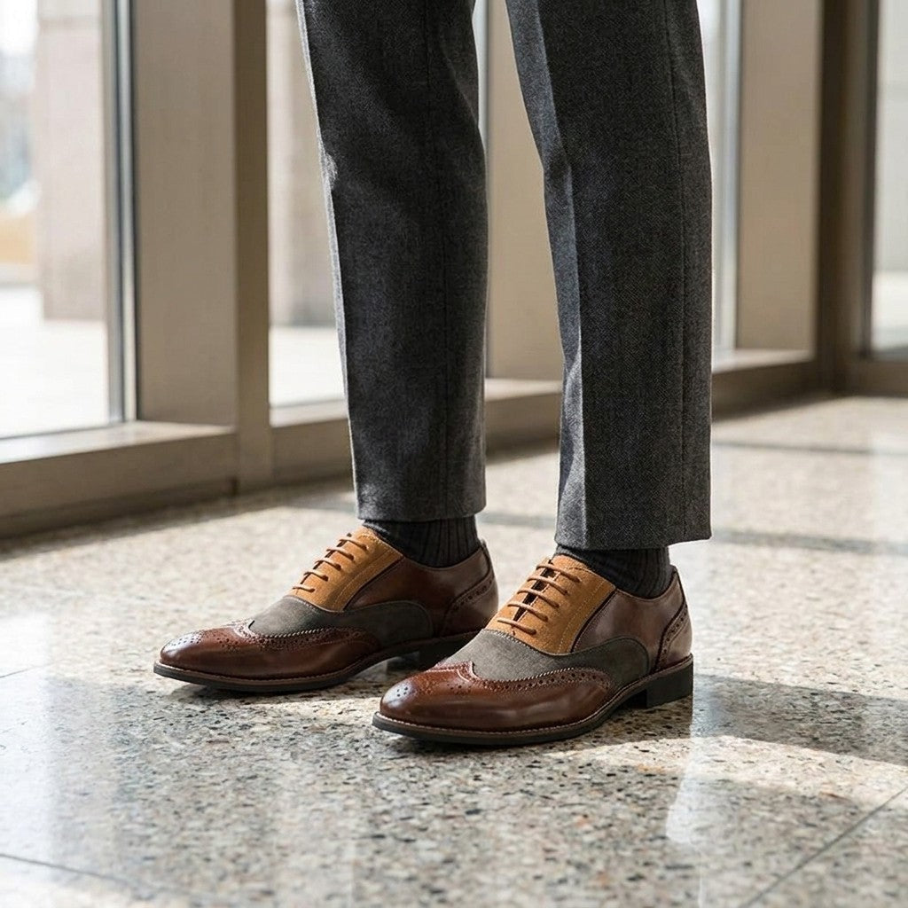 Novara Wingtip Oxfords — Brown, lifestyle modeled
