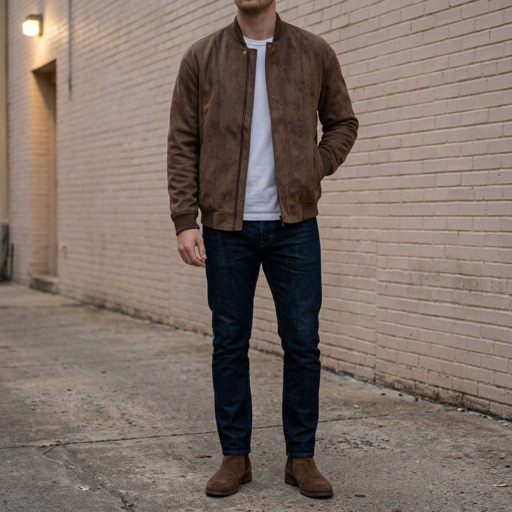 Union Bomber Jacket — Brown, lifestyle full outfit